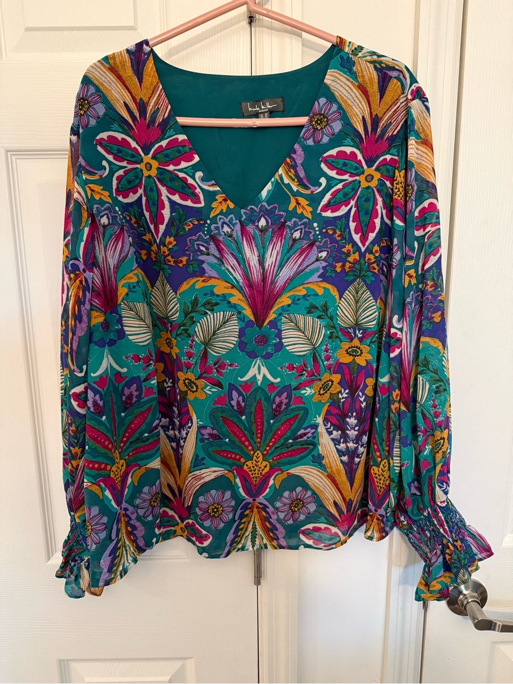 Nicole Miller Teal Multicolor Floral V-Neck Blouse